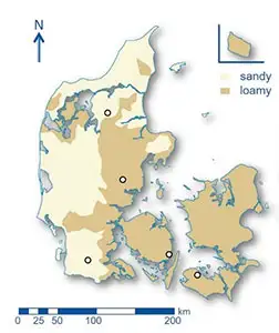 Sandy or loamy soils shown in a map over Denmark.